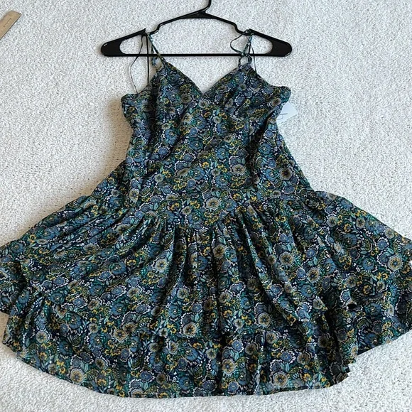 JAPNA Blue Floral Drop Waist Ruffle Hem Mini Sleeveless Boho Dress Sz Small - Picture 5 of 9